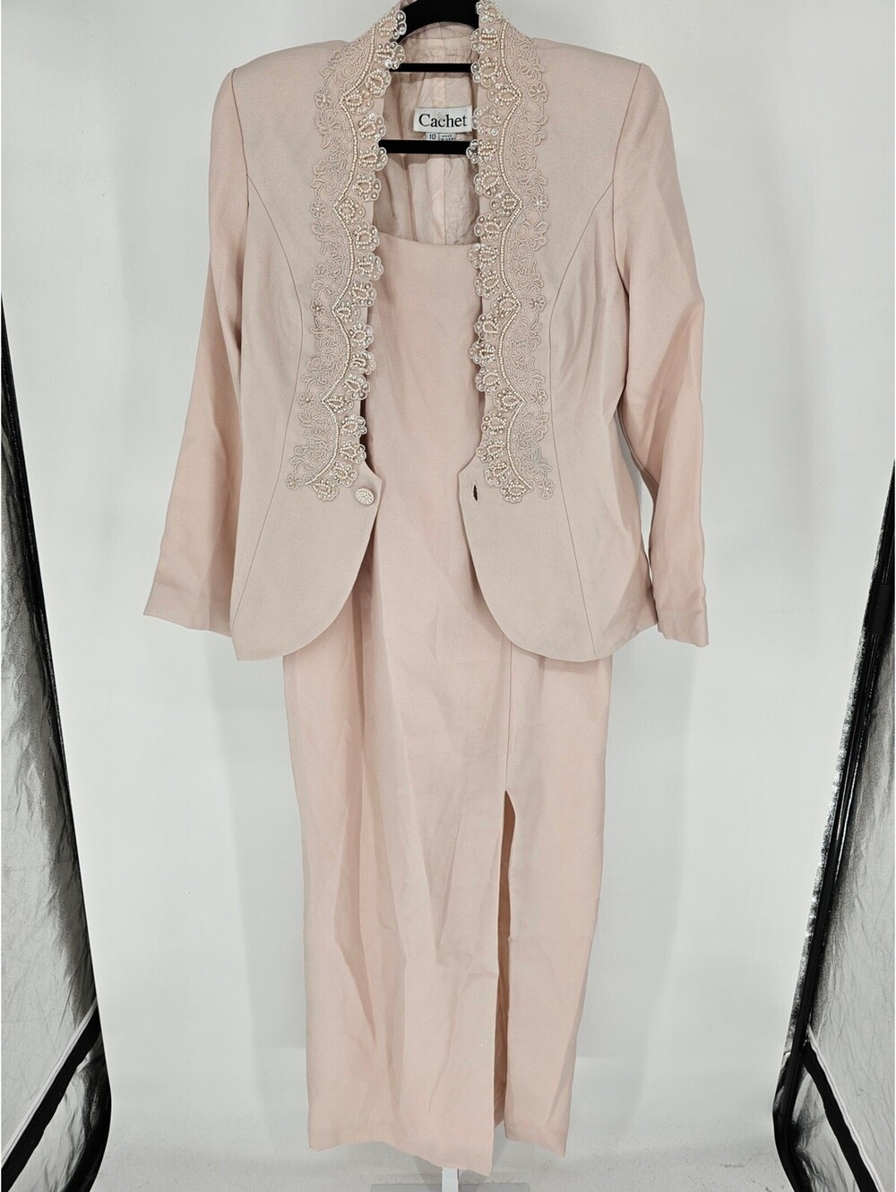 Vintage Cachet Womens Sz 10 Maxi Length Formal Dress & Jacket Light Pink Beaded